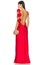 3D Flower Satin Solid Maxi Dress
