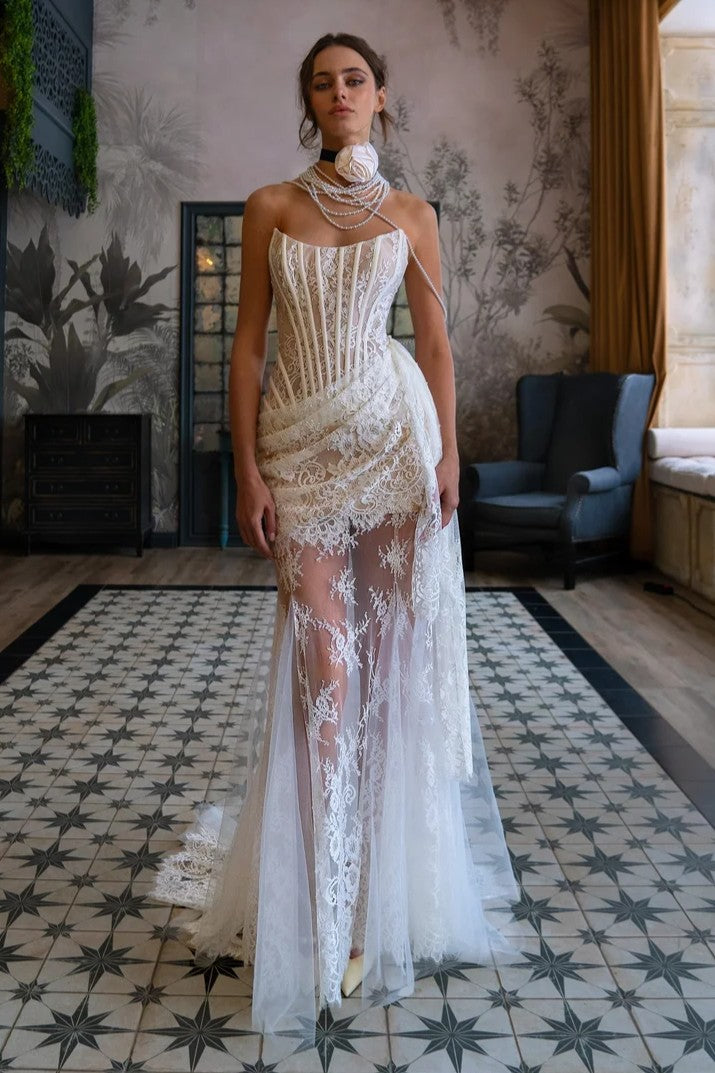 Lace Corset Strapless Mini Dress & Maxi Skirt Set