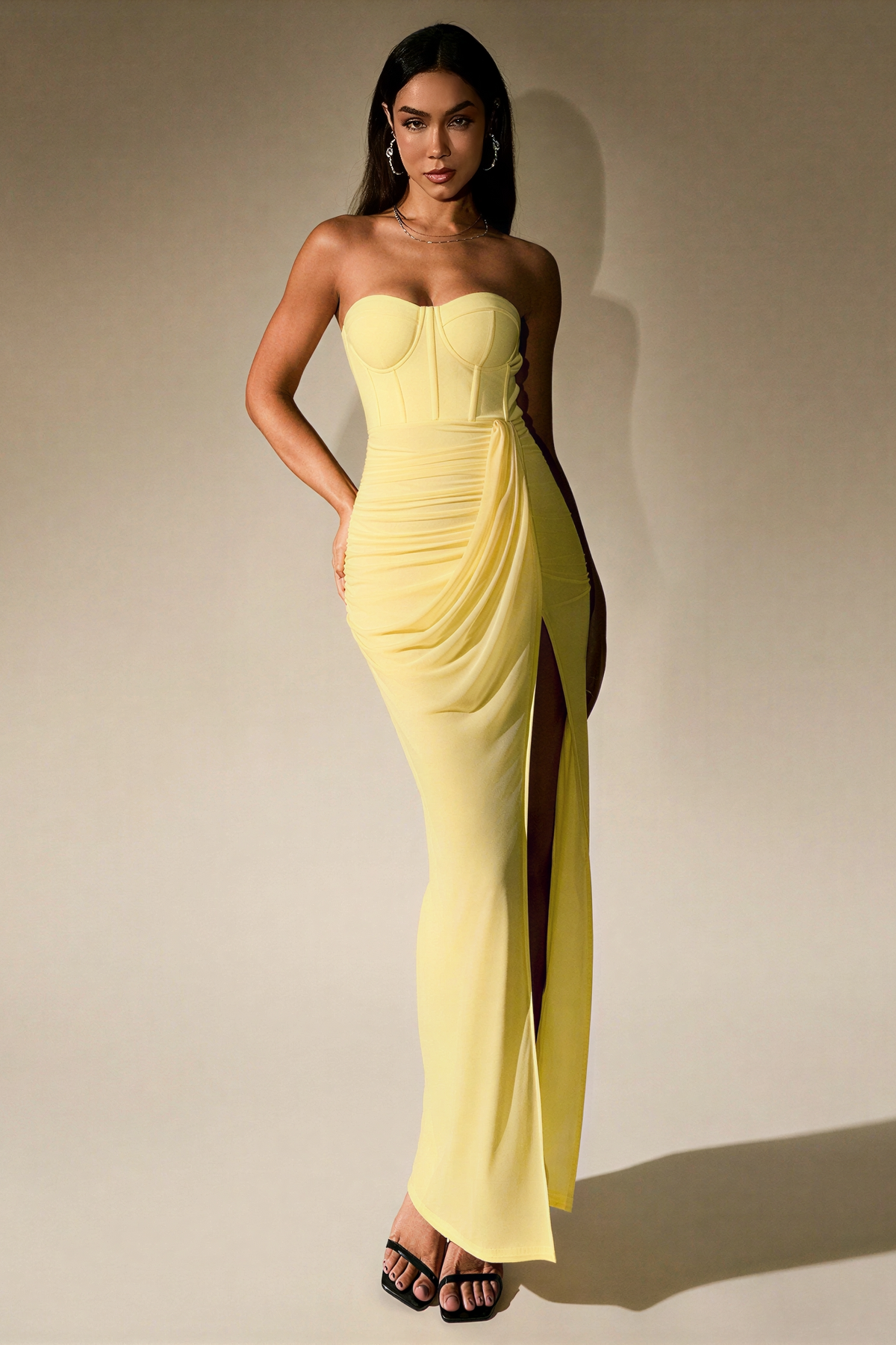 Mesh Ruched Slit Midi Dress