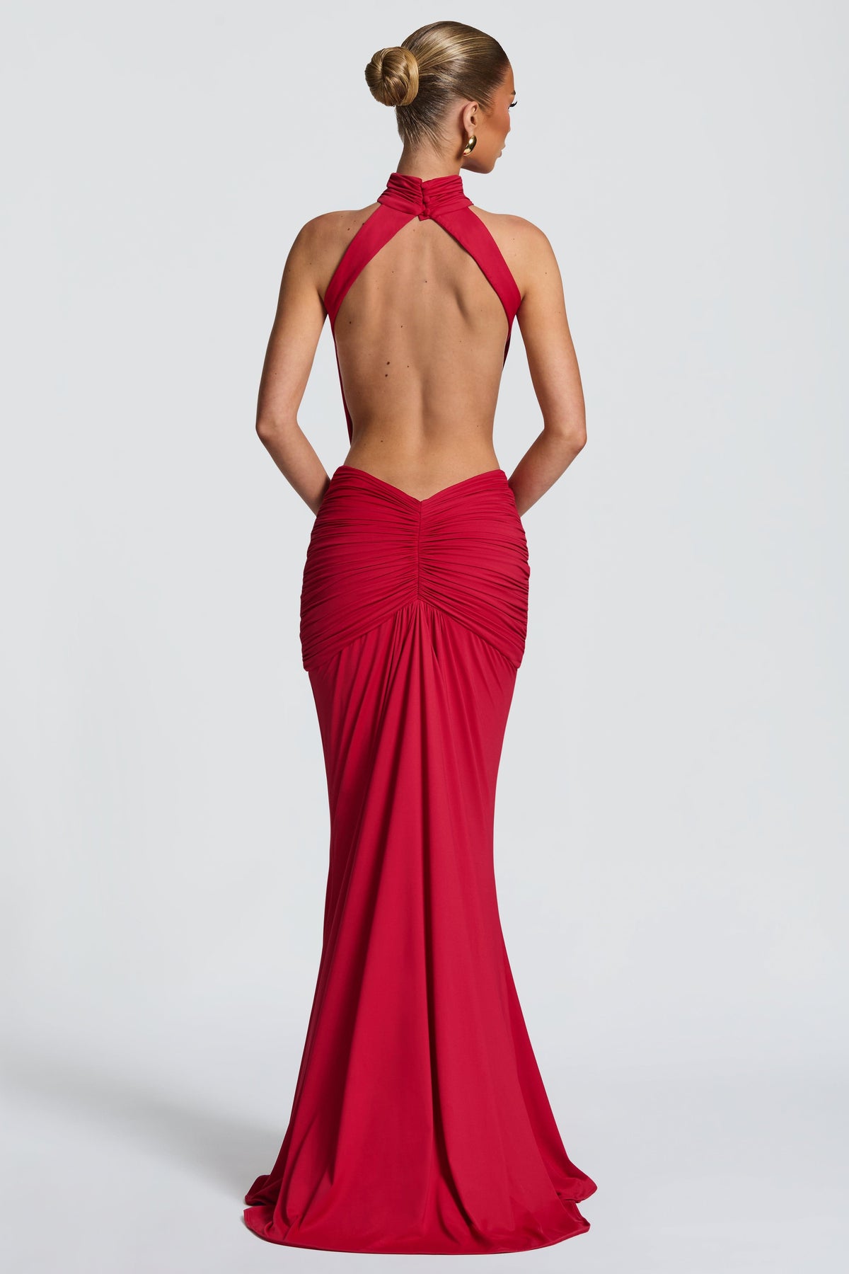 Solid Gathering Backless Maxi Dress