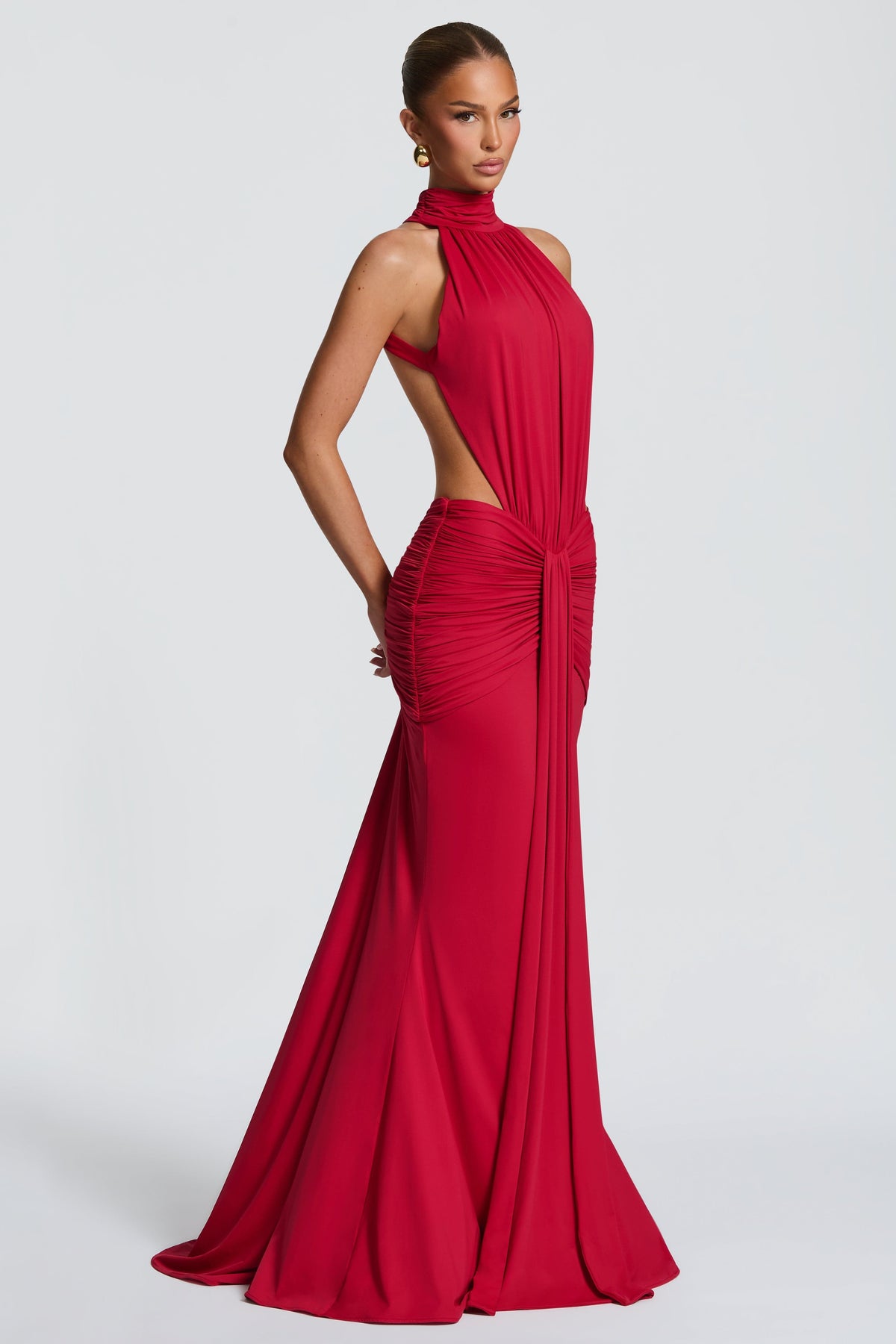 Solid Gathering Backless Maxi Dress