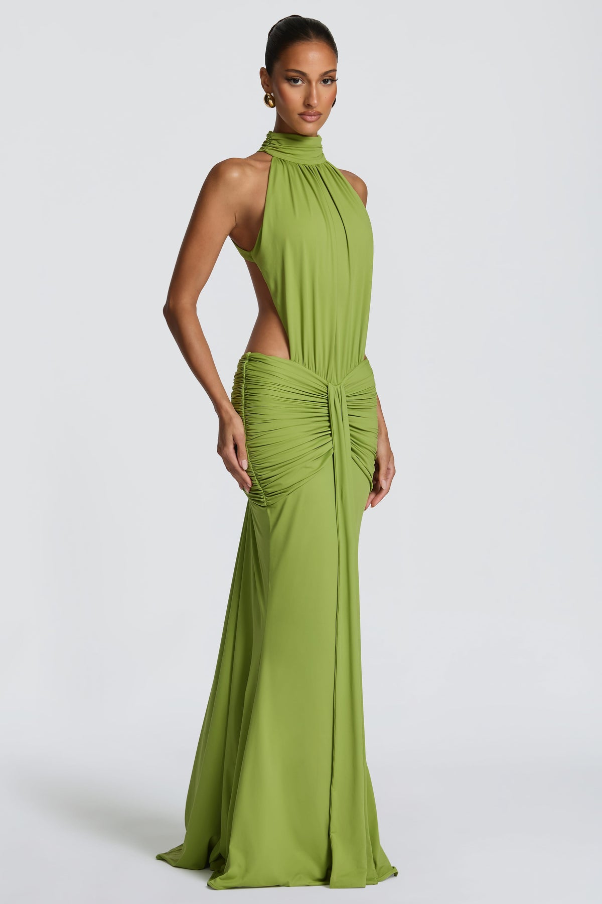 Solid Gathering Backless Maxi Dress