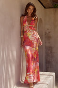 Abstract Print Rivet Halter Neck Maxi Dress