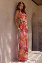 Abstract Print Rivet Halter Neck Maxi Dress