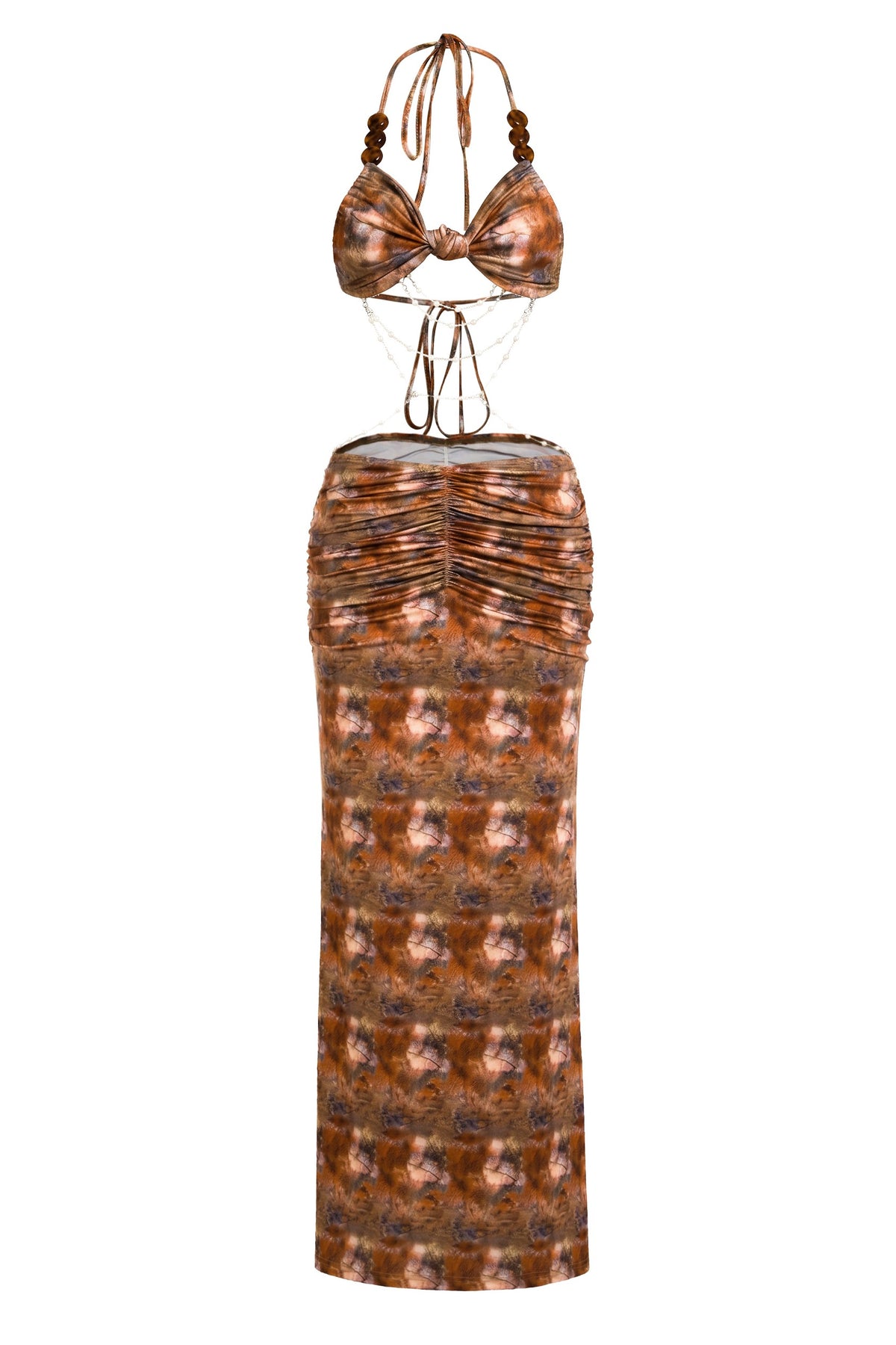 Abstract Print Beaded Tie-Up Maxi Dress