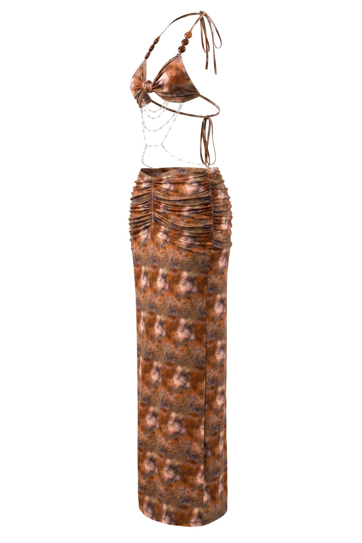 Abstract Print Beaded Tie-Up Maxi Dress