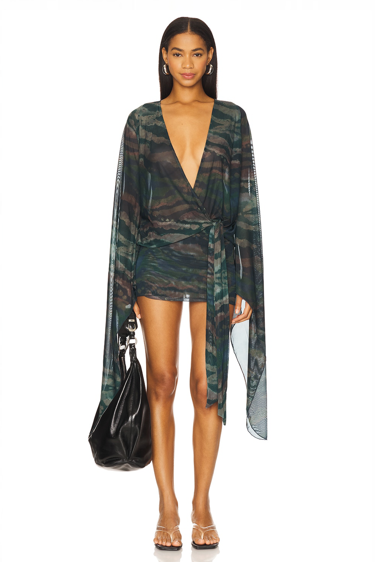 Mesh Animal Print Tie-Up Midi Dress