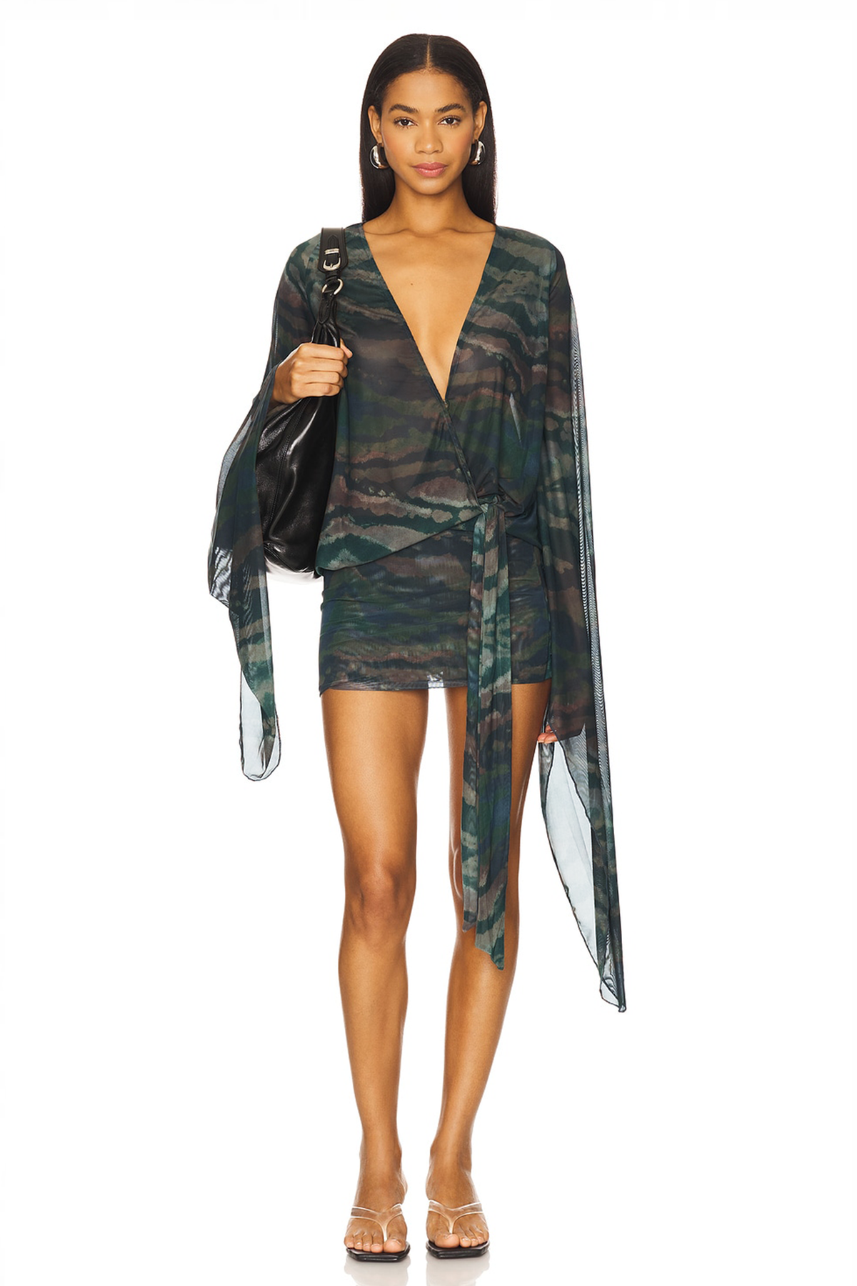 Mesh Animal Print Tie-Up Midi Dress