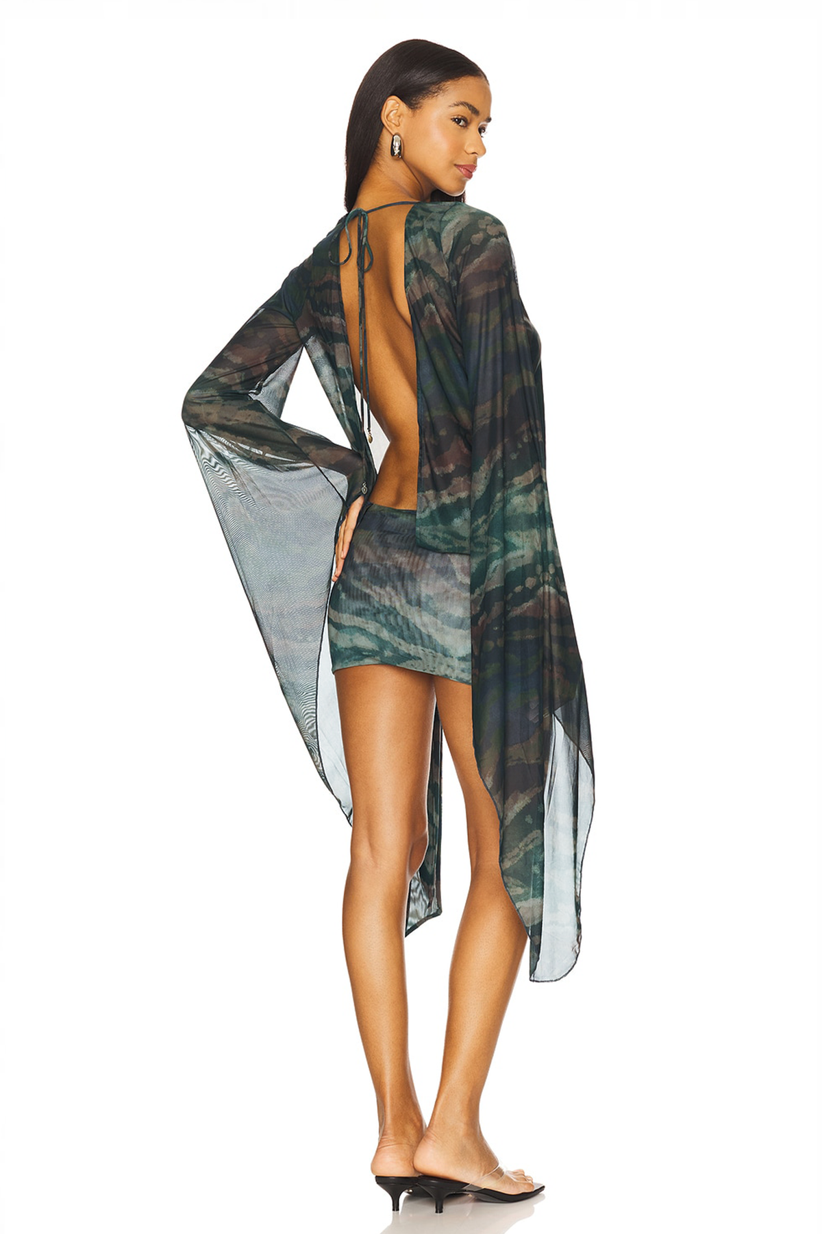 Mesh Animal Print Tie-Up Midi Dress