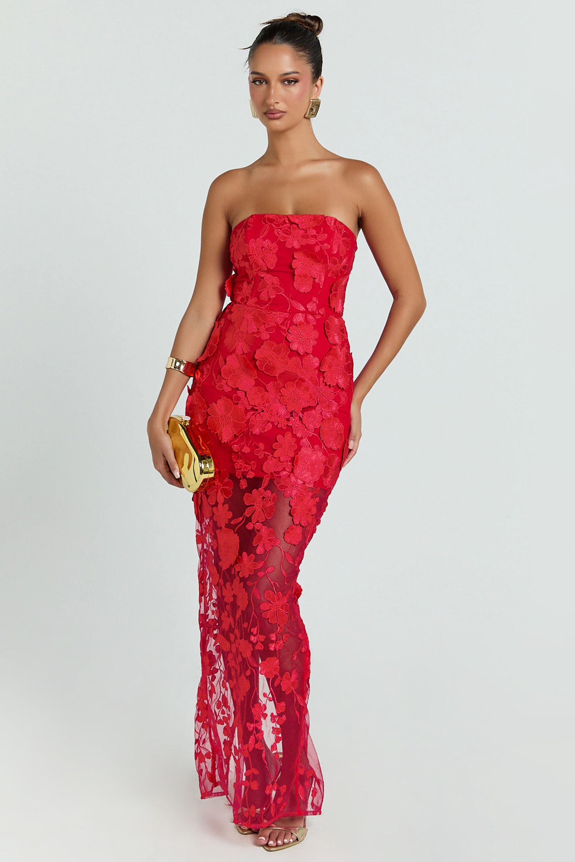 Embroidered Off-Shoulder Slit Midi Dress