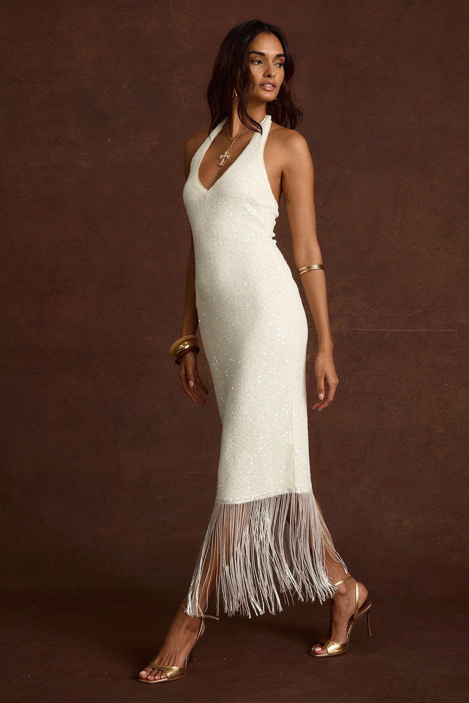 Sequin Tassel Halter Neck Midi Dress