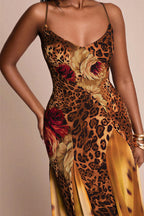 Jersey Splicing Mesh Leopard Print Midi Dress