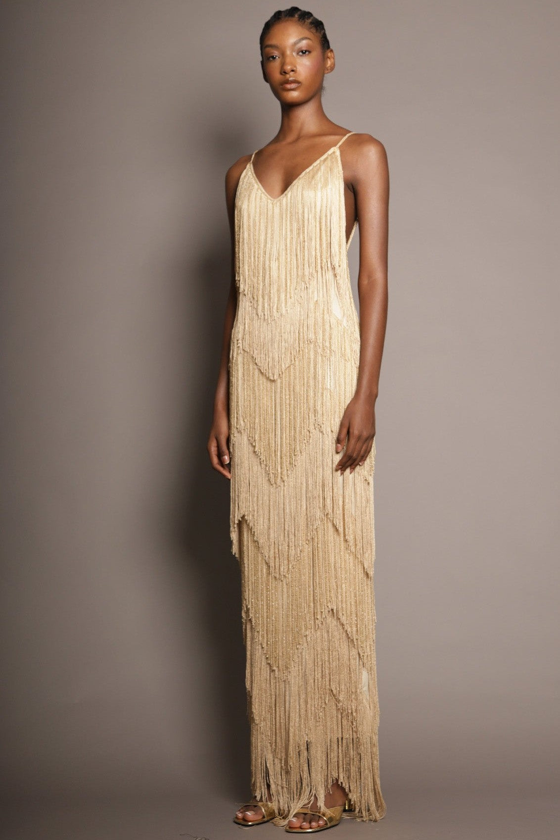 Fringe Tiered V-Neck Cami Maxi Dress