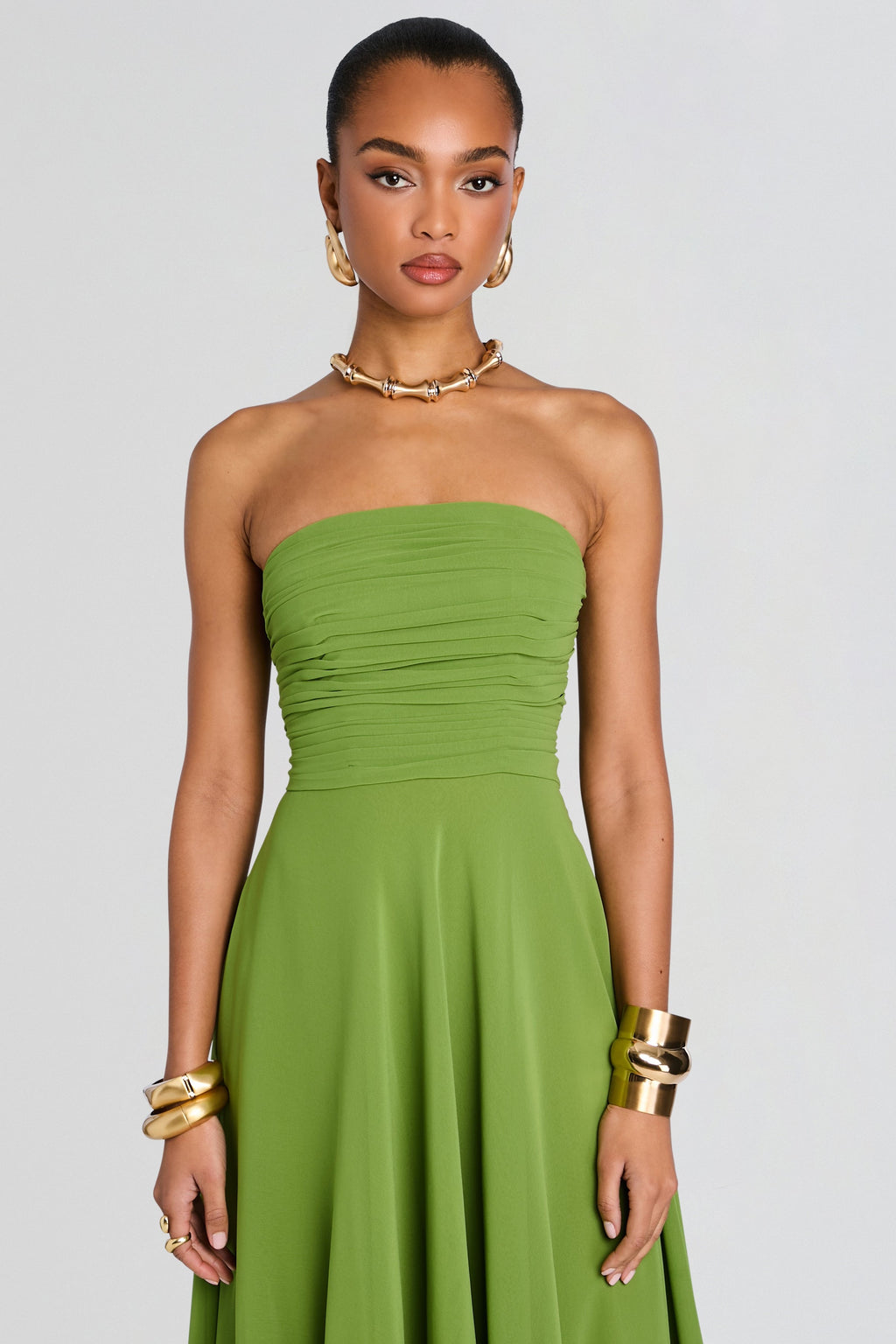Chiffon Strapless Ruched Asymmetrical Ruffle Midi Dress