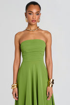 Chiffon Strapless Ruched Asymmetrical Ruffle Midi Dress