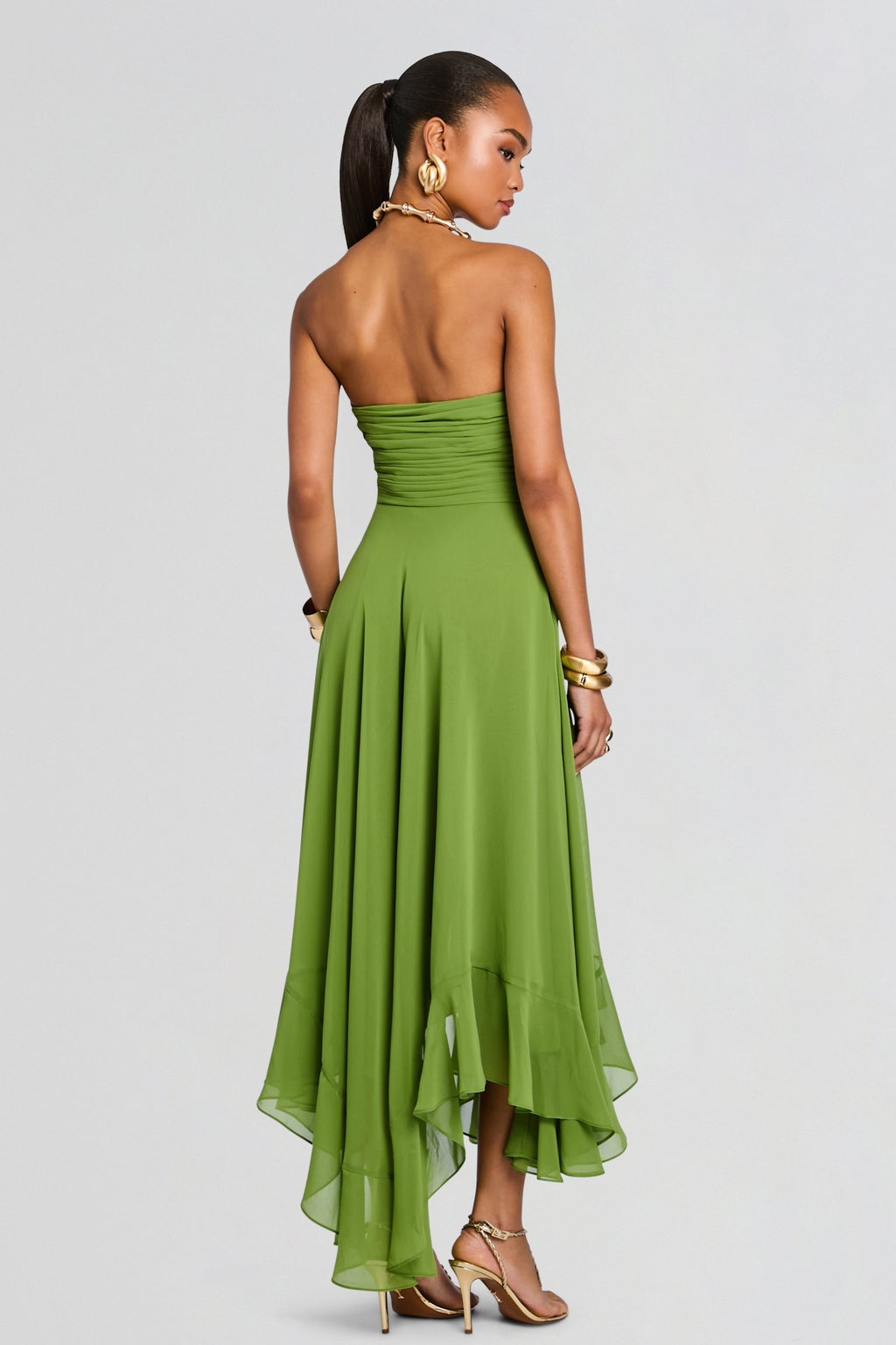 Chiffon Strapless Ruched Asymmetrical Ruffle Midi Dress