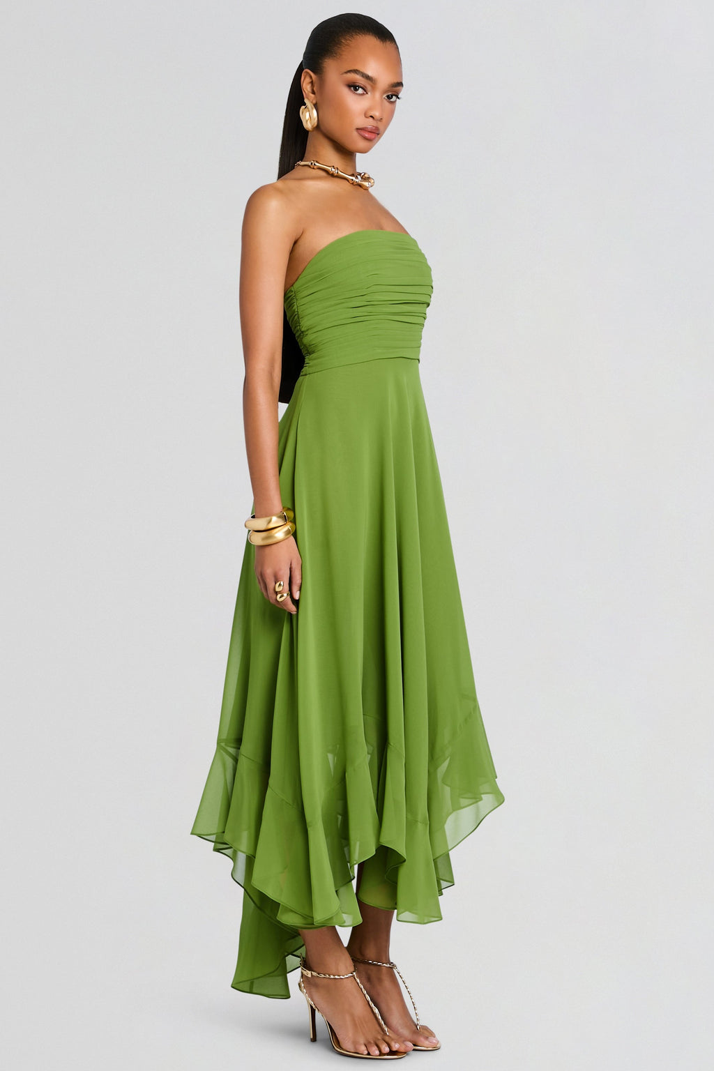 Chiffon Strapless Ruched Asymmetrical Ruffle Midi Dress
