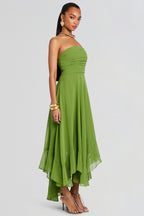 Chiffon Strapless Ruched Asymmetrical Ruffle Midi Dress