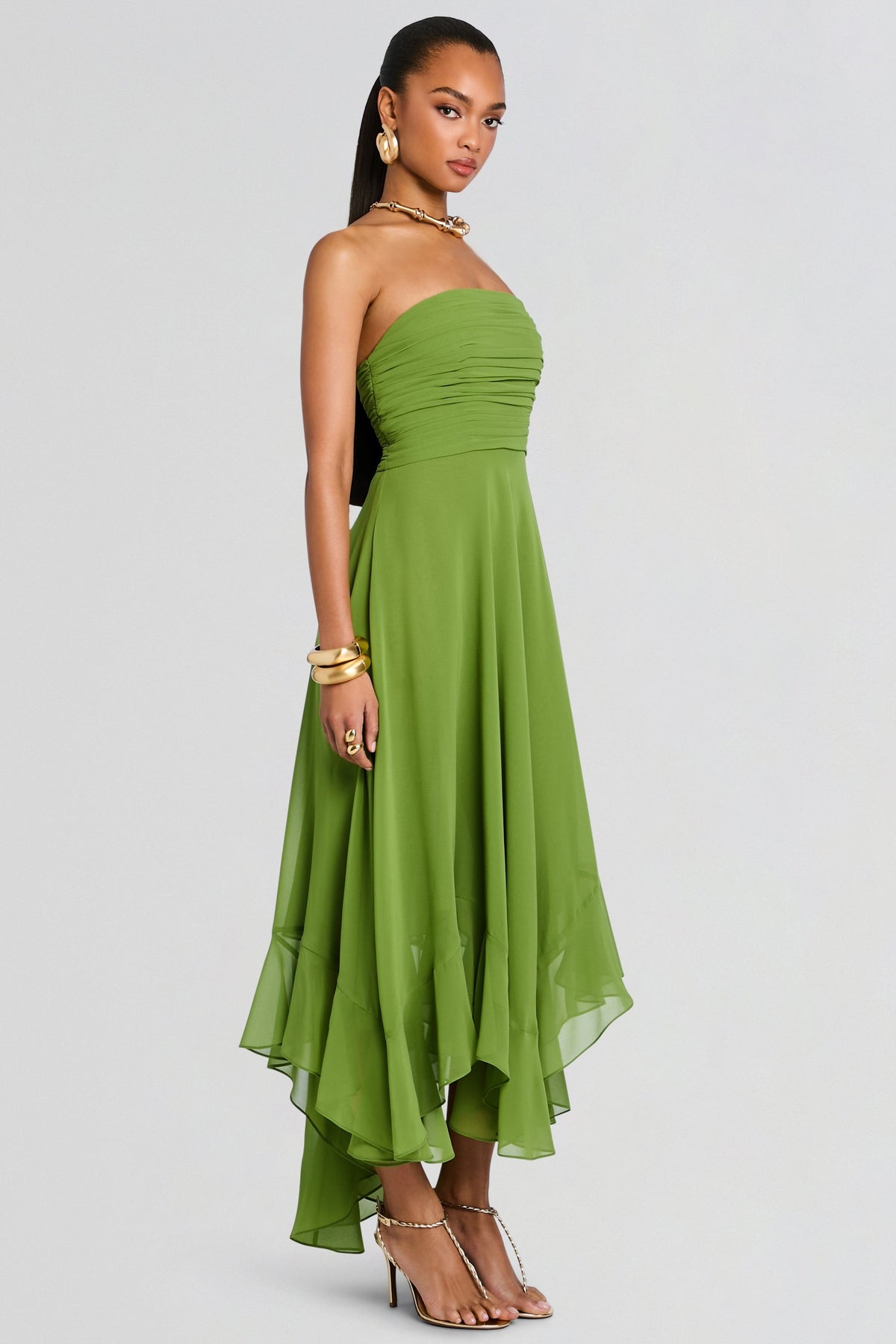 Chiffon Strapless Ruched Asymmetrical Ruffle Midi Dress