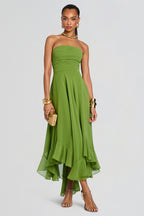 Chiffon Strapless Ruched Asymmetrical Ruffle Midi Dress
