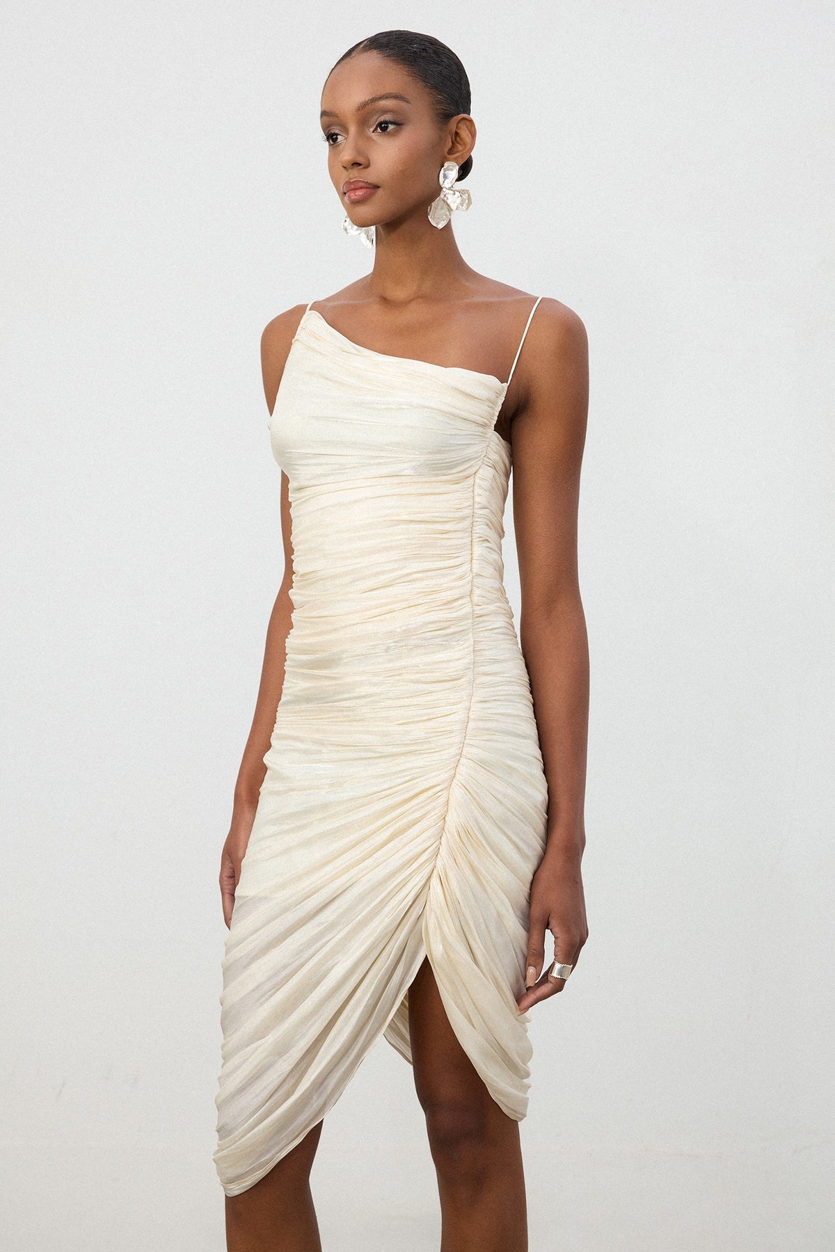 Shimmer Fabric Ruched Slit Midi Dress