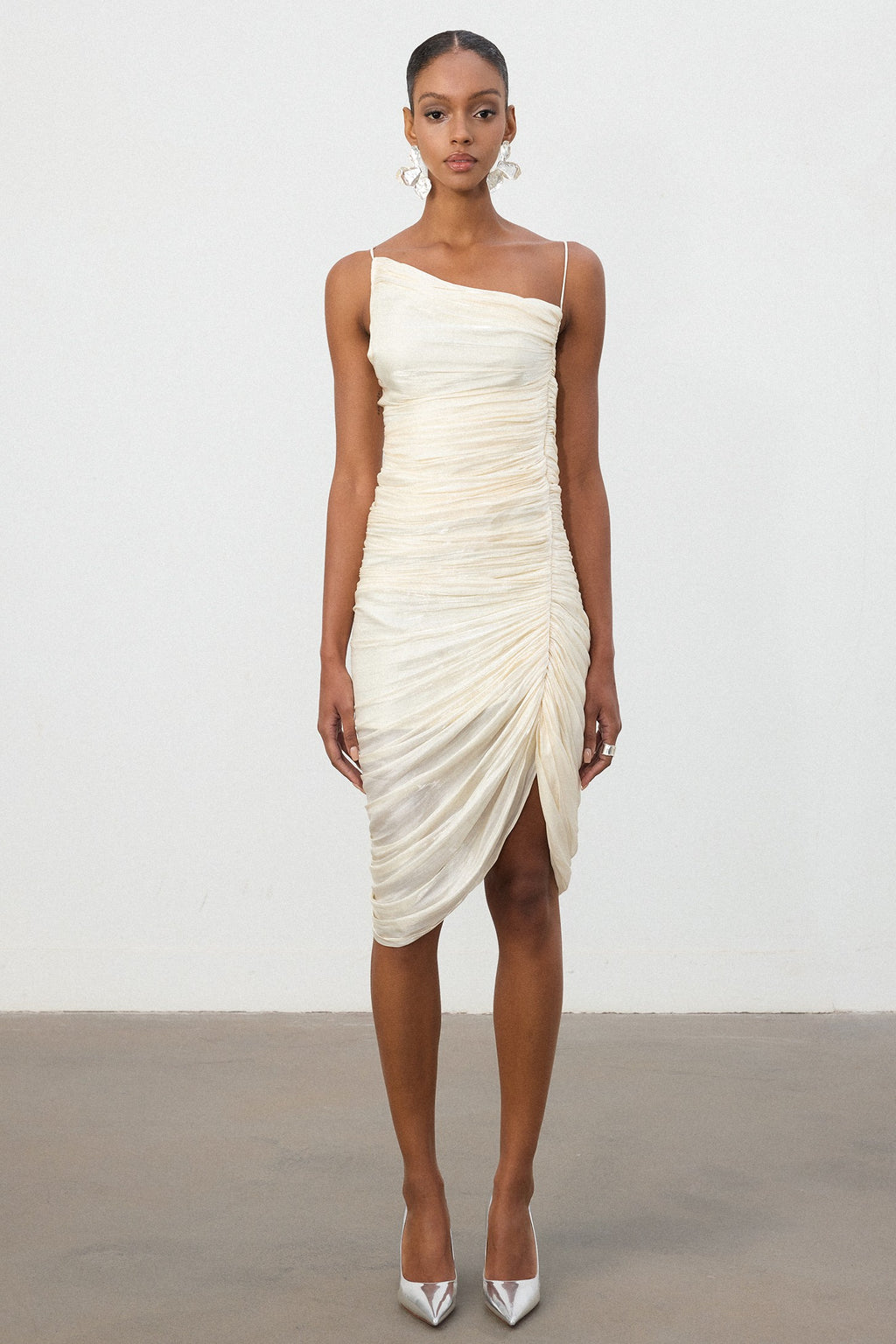 Shimmer Fabric Ruched Slit Midi Dress
