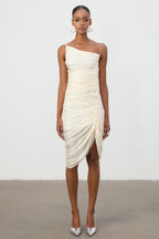 Shimmer Fabric Ruched Slit Midi Dress