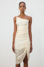 Shimmer Fabric Ruched Slit Midi Dress