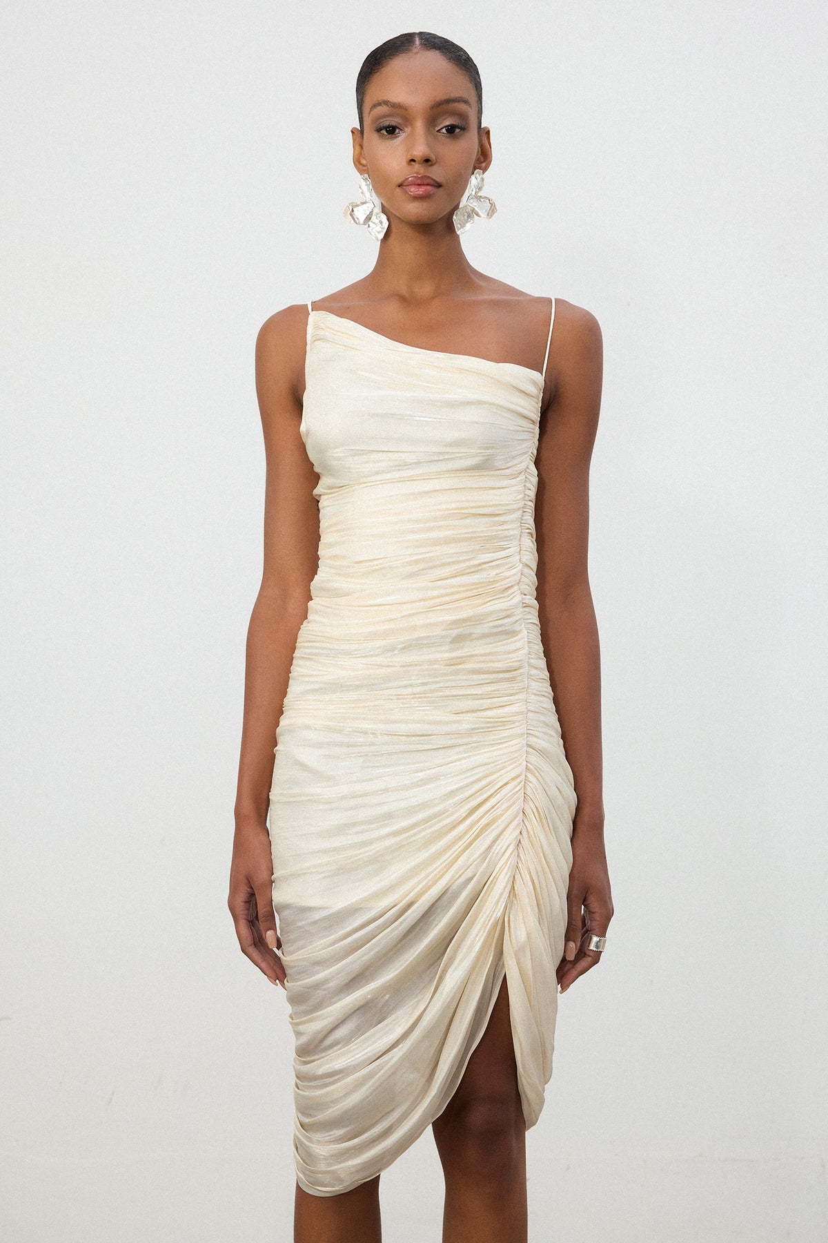 Shimmer Fabric Ruched Slit Midi Dress