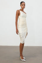 Shimmer Fabric Ruched Slit Midi Dress