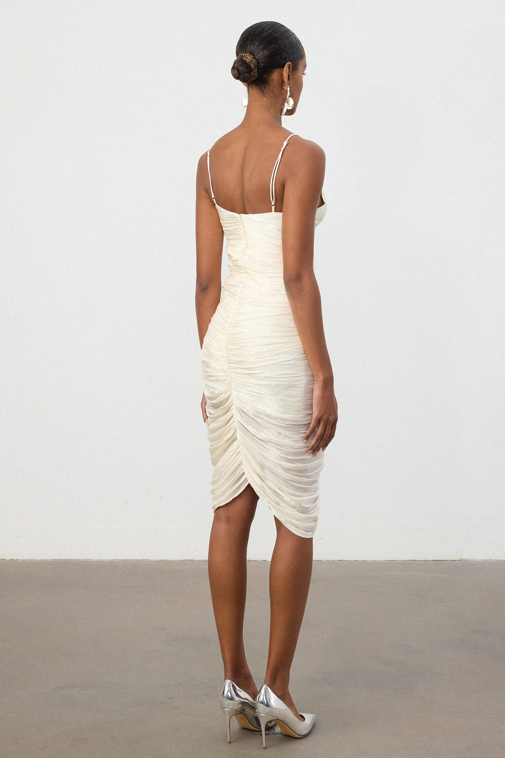 Shimmer Fabric Ruched Slit Midi Dress