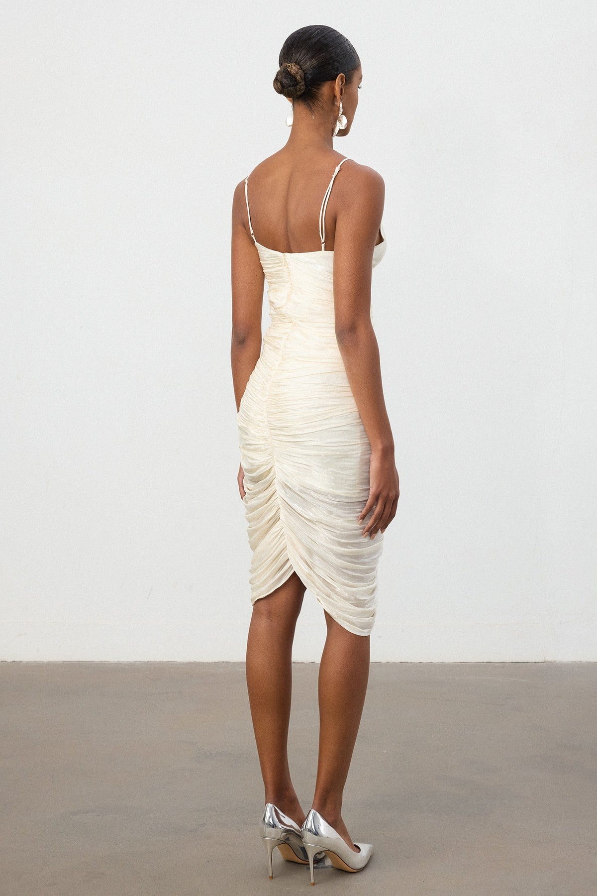 Shimmer Fabric Ruched Slit Midi Dress