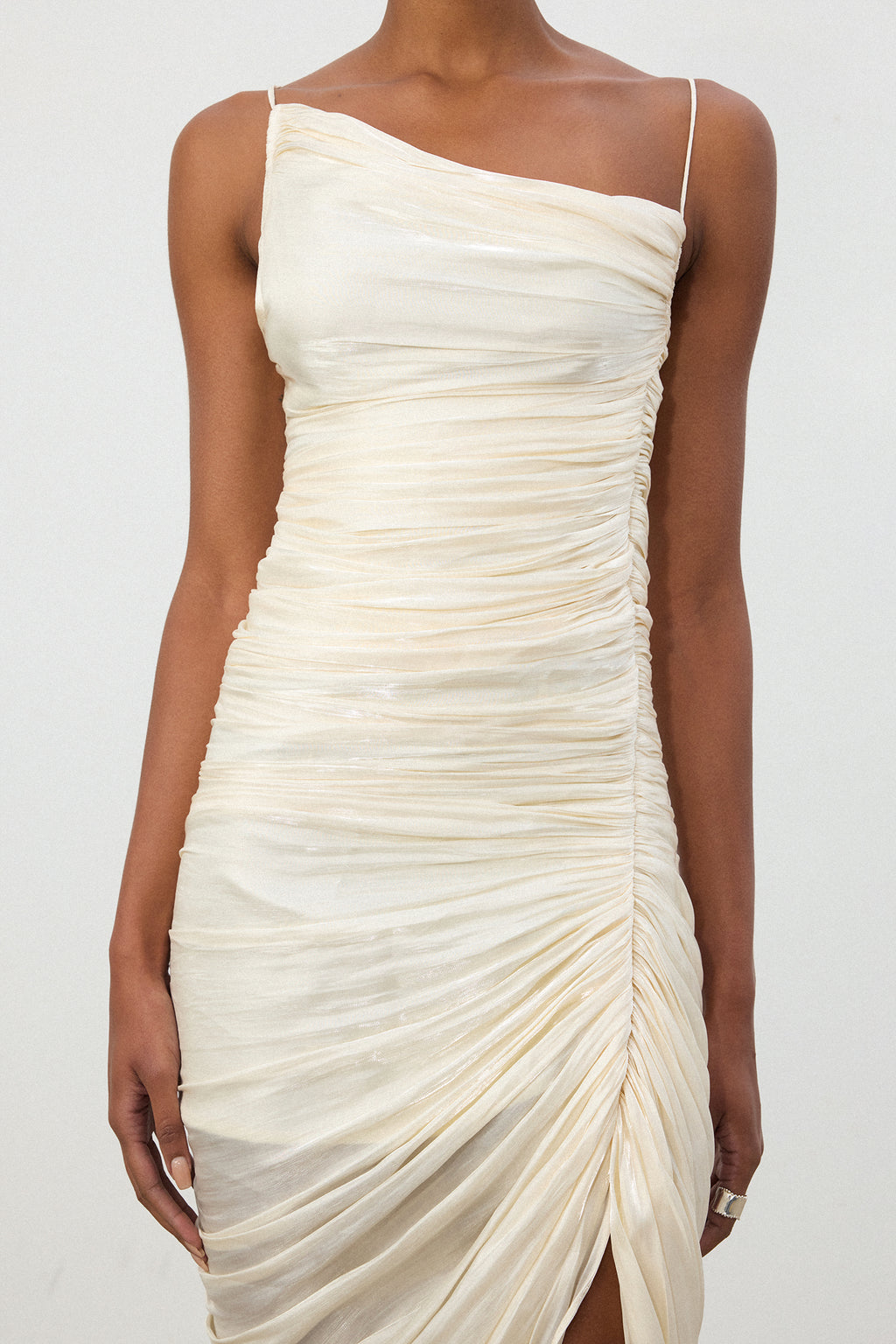 Shimmer Fabric Ruched Slit Midi Dress