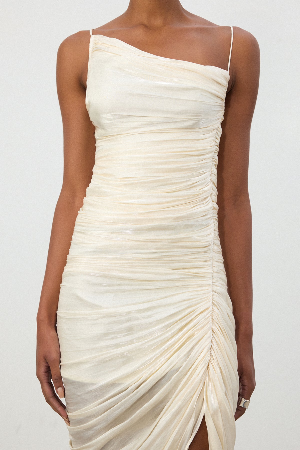 Shimmer Fabric Ruched Slit Midi Dress
