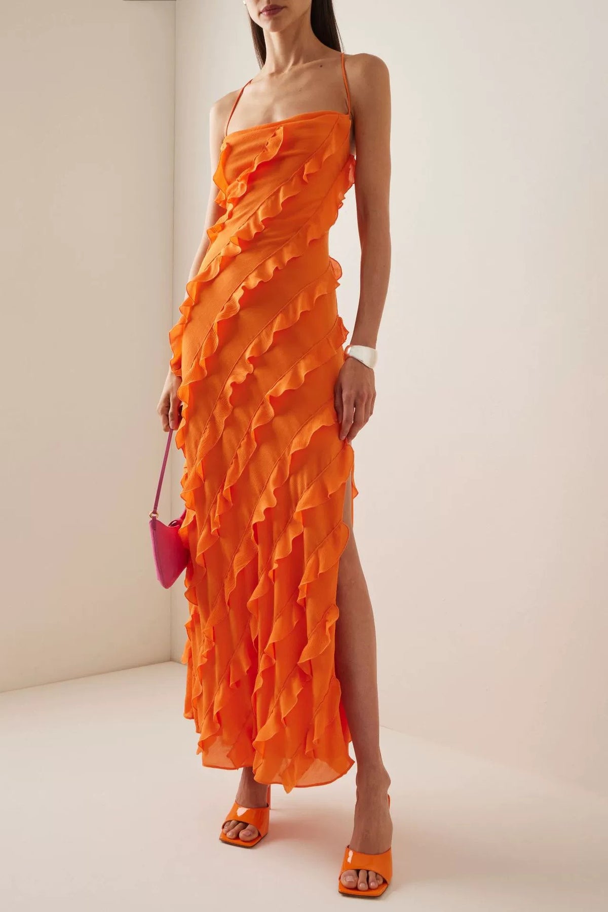 Chiffon Ruffle Tie-Up Midi Dress