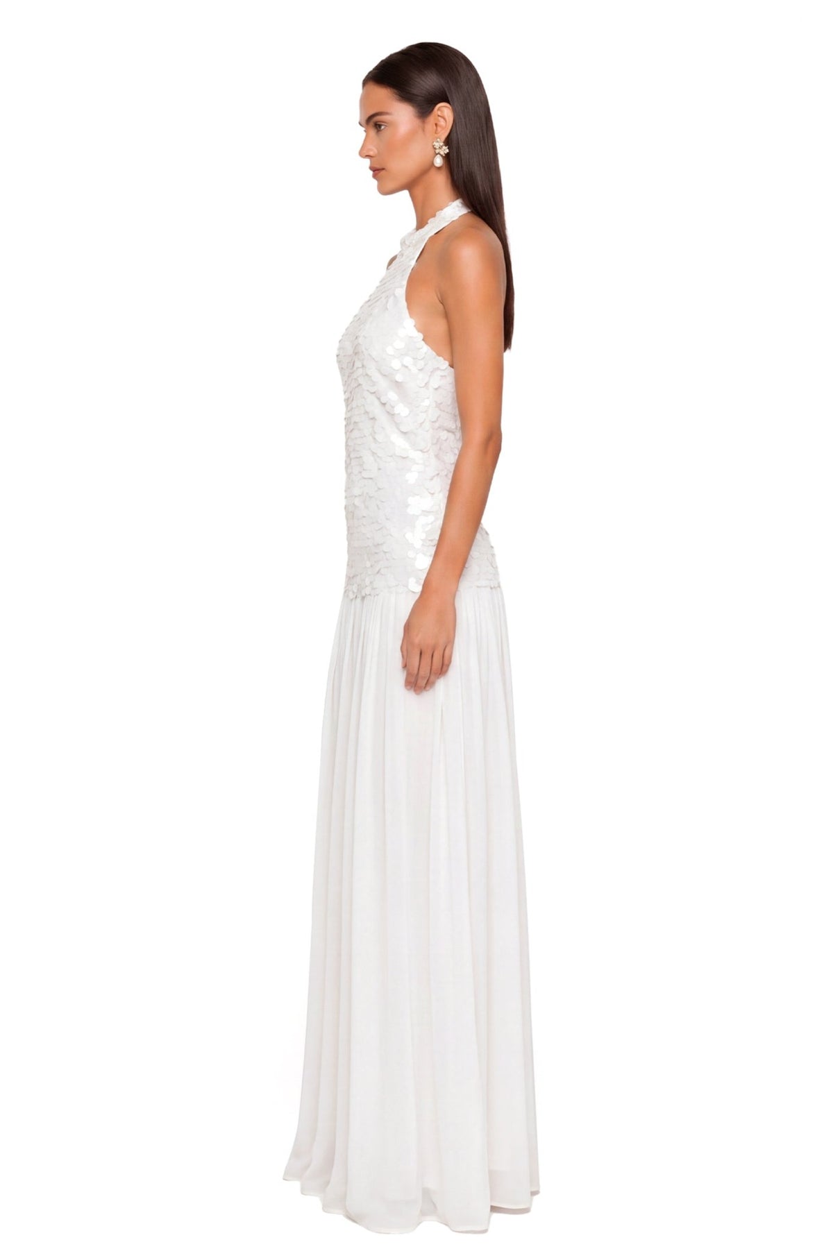 Sequin Splicing Mesh Halter Neck Midi Dress