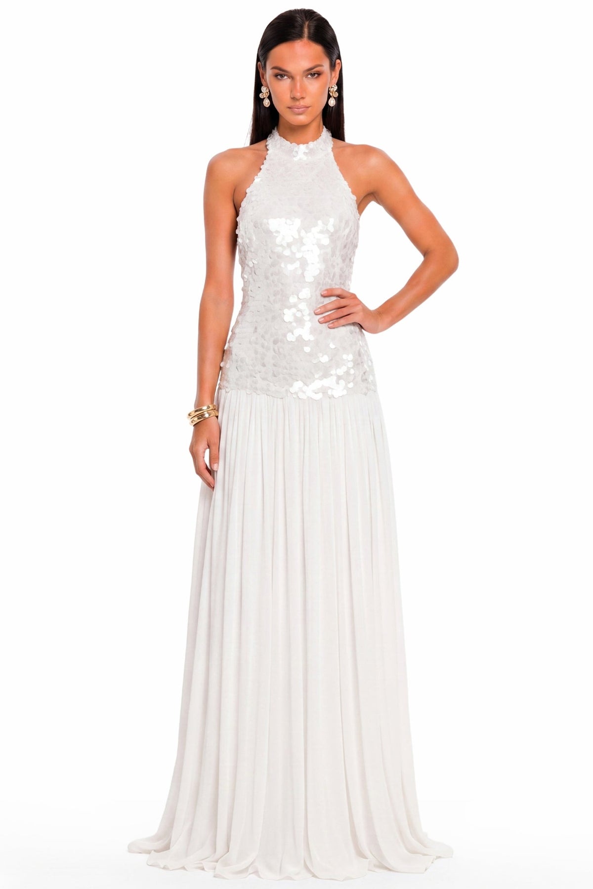 Sequin Splicing Mesh Halter Neck Midi Dress