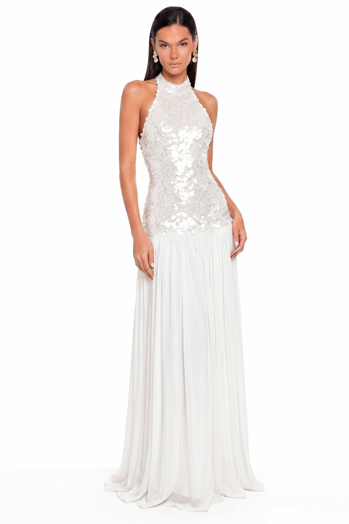 Sequin Splicing Mesh Halter Neck Midi Dress