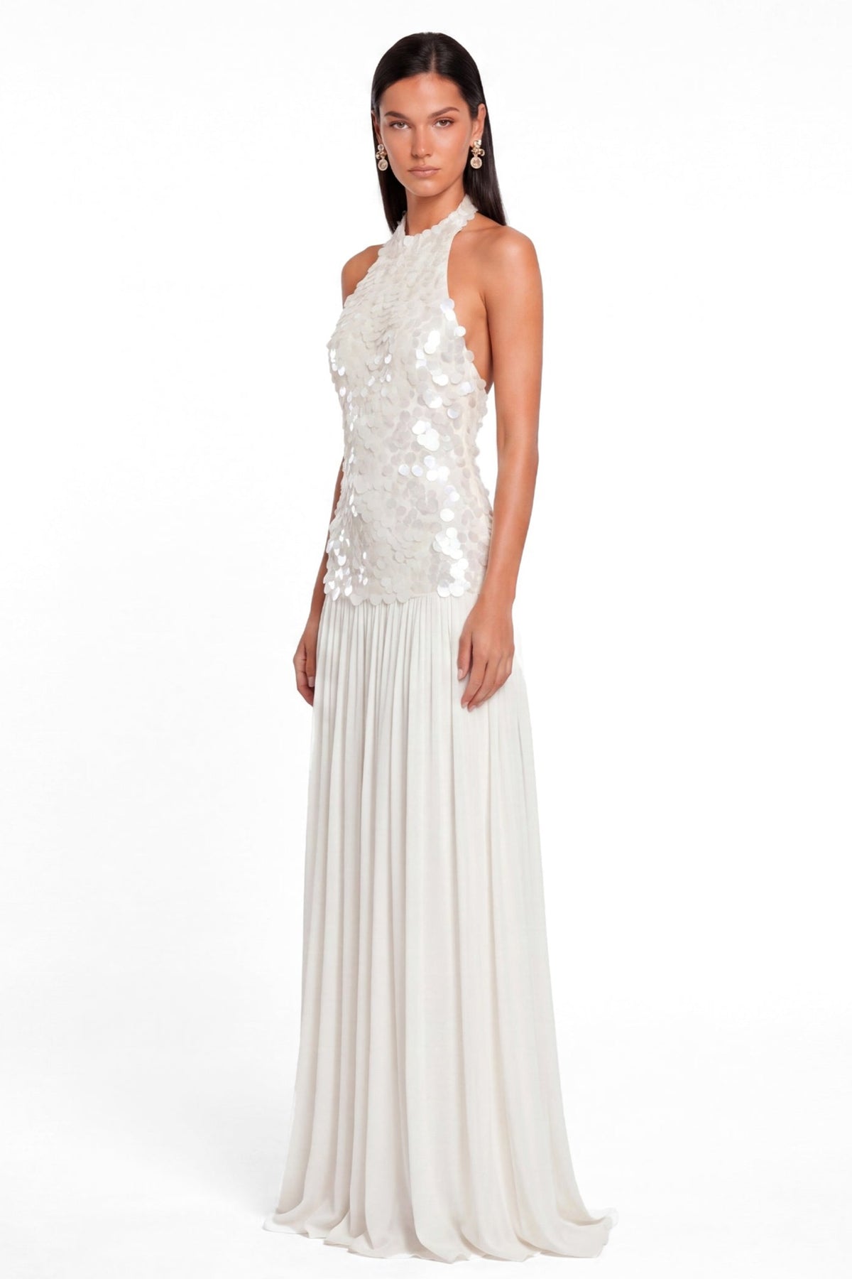 Sequin Splicing Mesh Halter Neck Midi Dress