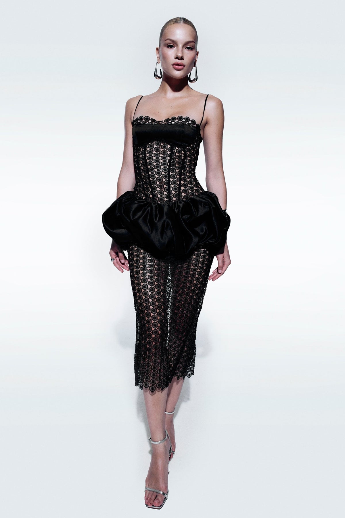Satin Splicing Lace See-Through Slip Midi Dress