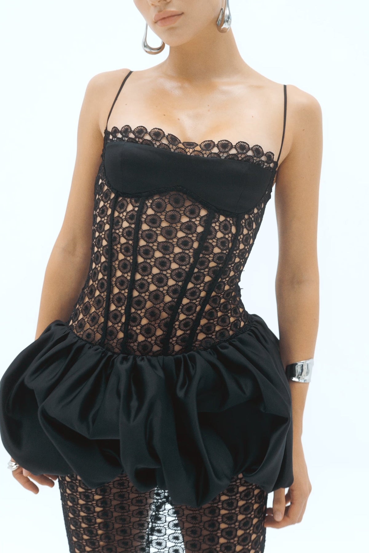 Satin Splicing Lace See-Through Slip Midi Dress