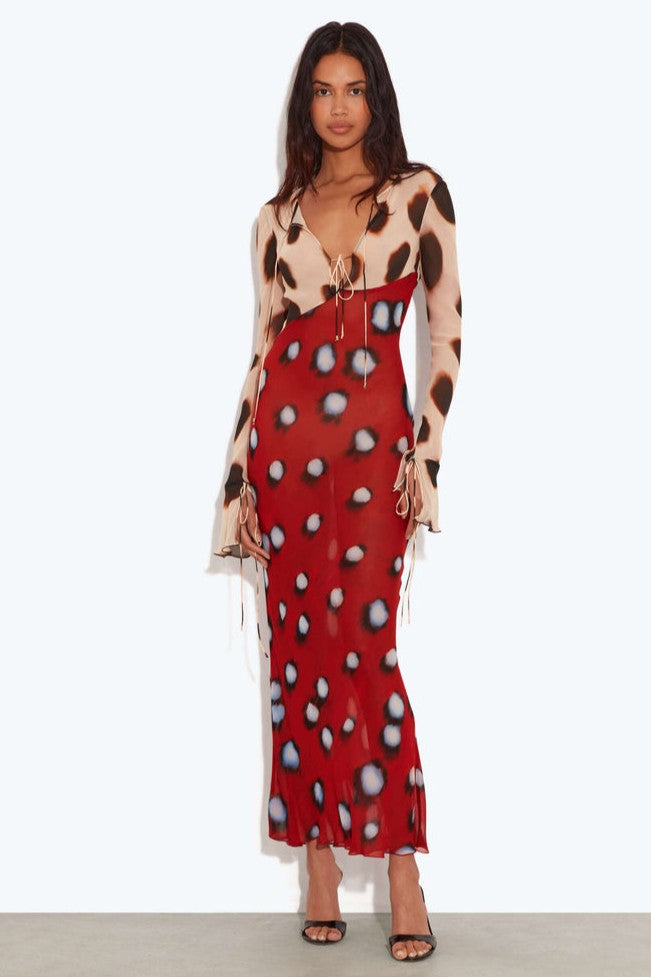 Mesh Abstract Print See-Through Midi Dress