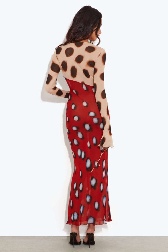 Mesh Abstract Print See-Through Midi Dress