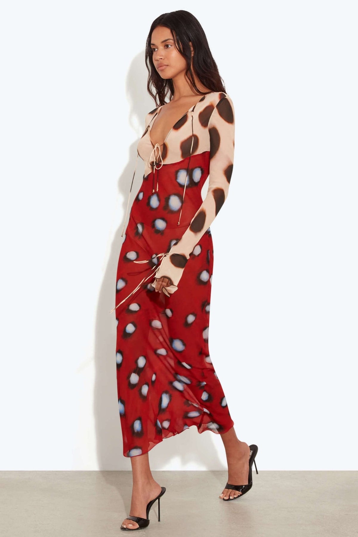 Mesh Abstract Print See-Through Midi Dress