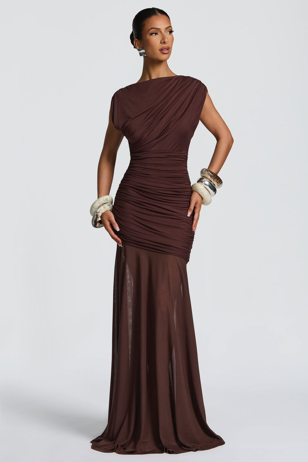 Jersey Splicing Mesh Gathering Maxi Dress