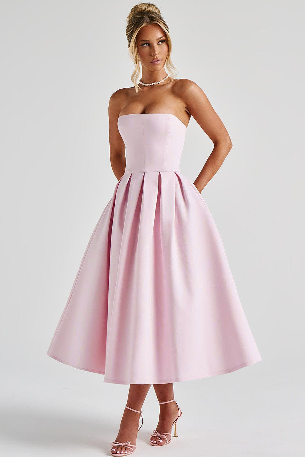 Solid Strapless Pleated Midi Dress