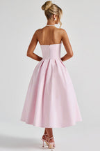 Solid Strapless Pleated Midi Dress
