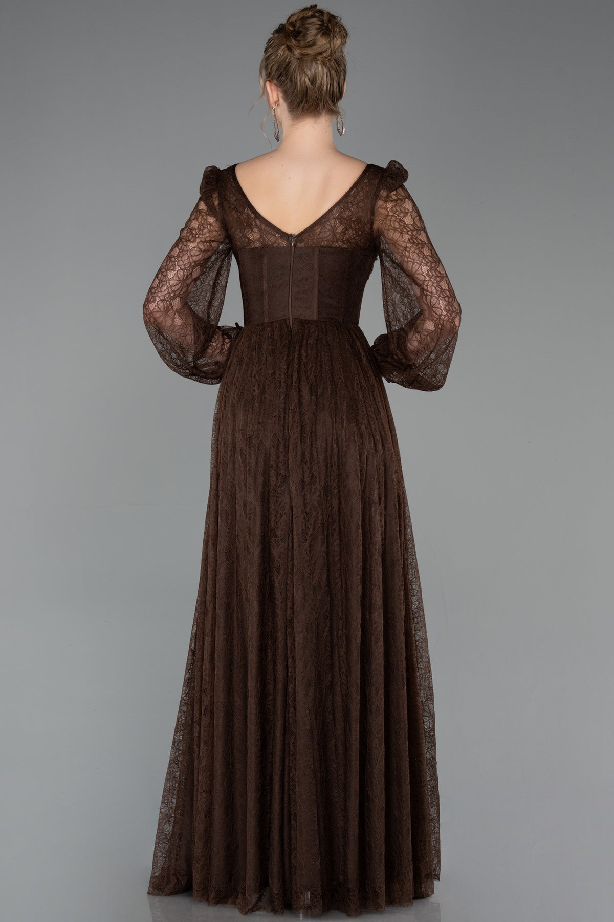 Lace Square Neck Ruched Puff Sleeve Slit Midi Dress