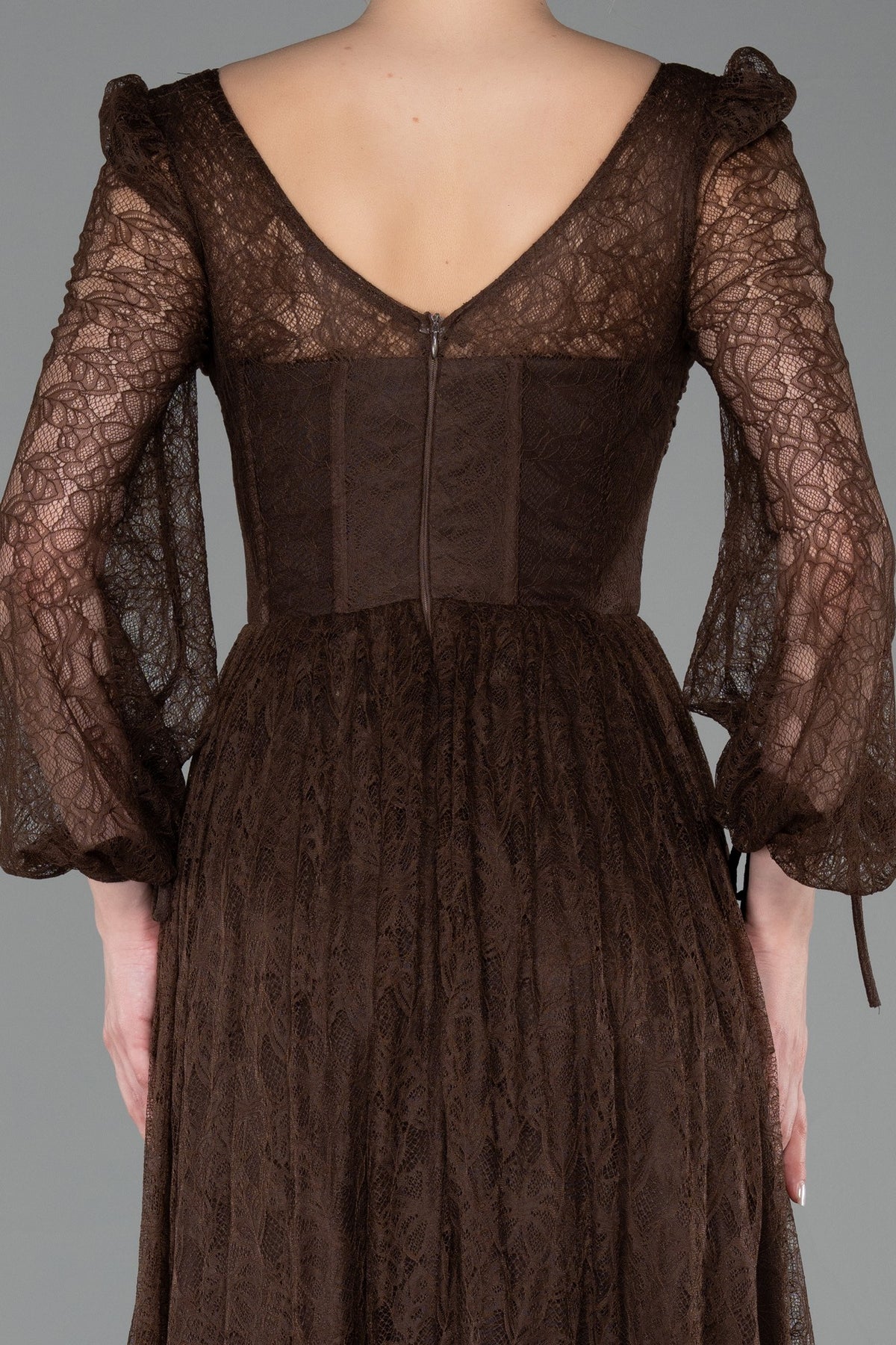 Lace Square Neck Ruched Puff Sleeve Slit Midi Dress