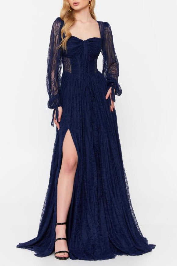 Lace Square Neck Ruched Puff Sleeve Slit Midi Dress